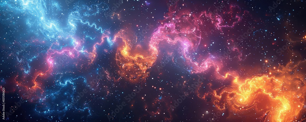 Abstract space scene with stars forming intricate patterns, vibrant and colorful, digital art, dreamlike and hypnotic,