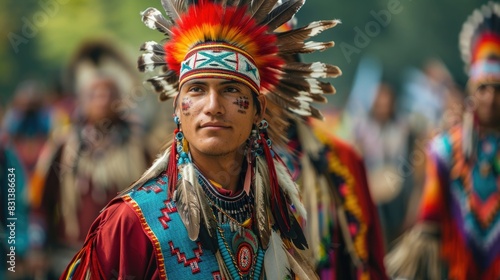 Young Indigenous Man in Traditional Feathered Headdress. Canada's National Indigenous Peoples Day