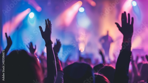 Dynamic festival atmosphere with hands raised in unison under bright stage lights. Capturing the energy and passion of live music events.