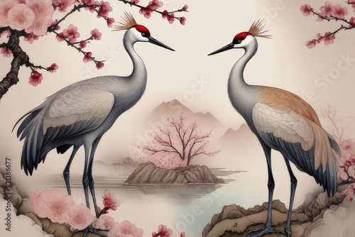 A vintage abstract art background with elegant sandhill cranes stand amidst plum blossoms, their wings outstretched. photo