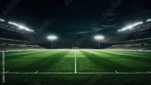 green football field with freshly cut grass  illuminated by bright stadium lights under a clear night sky 