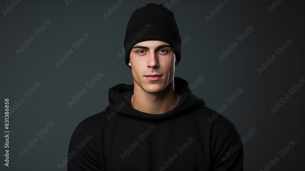 a plain black beanie mockup on a male model's head, shot in a studio a plain black beanie mockup on a male model's head, shot in a studio