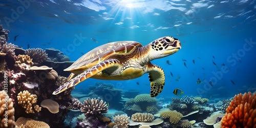 Hawksbill Turtle in Maldives coral reef: A majestic sight in the Indian Ocean. Concept Nature, Wildlife, Underwater Photography, Marine Life, Maldives