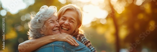 Emotional moment captured as a senior mom and her adult daughter hug each other with big smiles photo