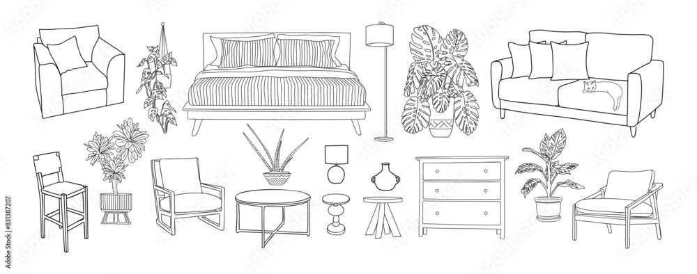 Collection of elegant modern furniture and home interior decorations of trendy Mid century modern retro 70s style hand drawn black sketch on transparent background. Monochrome vector illustration.