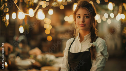 Young female barista working in a cozy cafe with warm lighting and inviting decor