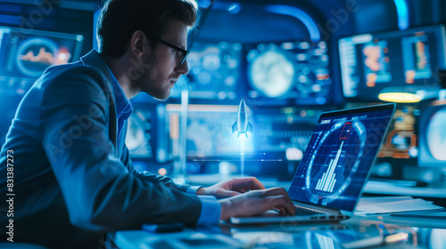 Man working on a laptop with futuristic digital overlay