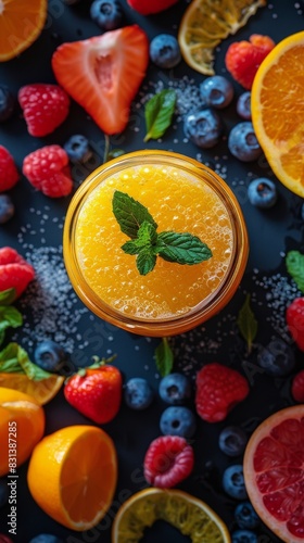 Refreshing Glass of Orange Juice Surrounded by Fresh Fruit