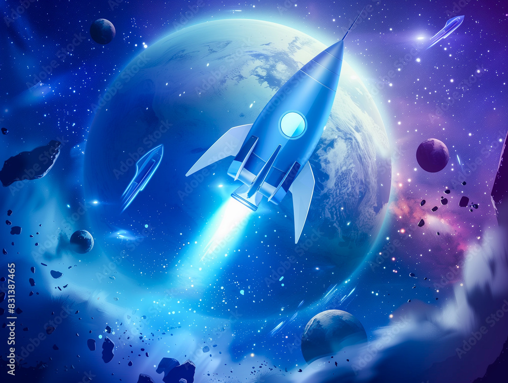 Rocket launching into space with planet in the background Rocket launching into space with planet in the background