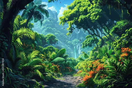 Alien jungle planet with towering trees and exotic creatures  lush greens and vibrant accents  digital painting  wild and captivating 