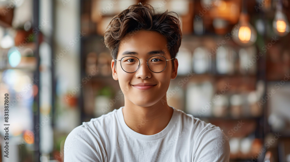 Smiling young Asian man with glasses and short hair in a white t-shirt, in a modern cafe background Smiling young Asian man with glasses and short hair in a white t-shirt, in a modern cafe background