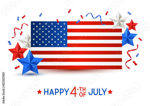 Independence day greeting card with American flag and stars on white background