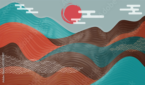 LINE ART ABSTRACT BACKGROUND, MOUNTAIN LANDSCAPE, JAPANESE STYLE, WALLPAPER, INVITATION, POSTER	