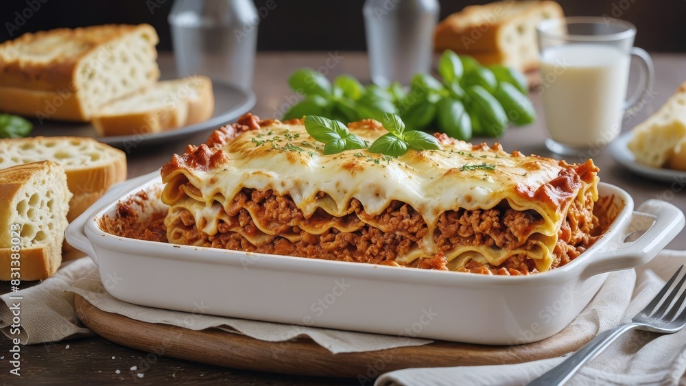 Fototapeta premium Rich and Hearty Italian Lasagna with Layers of Meat Sauce, Creamy Béchamel, and Melted Cheese, Topped with Fresh Basil and Served with Garlic Bread on a Rustic Table