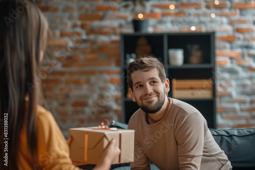 Little girl giving gift to his father, Father's day concept, parent and child relations 