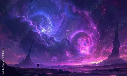 Alien planet with swirling gas clouds and multiple moons in the sky  deep purples and blues  digital art  cosmic and mesmerizing 