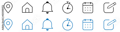 Address location icon. Stopwatch timer symbol. Date Calendar sign. Web icons set. Editable stroke. photo