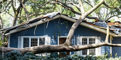 House damaged by fallen tree during storm. Concept Storm Damage, Tree Removal, Home Repairs, Insurance Claims, Dealing with Contractors