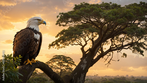 An eagle with brown and white feathers is perched on a branch in front of a green jungle canopy. photo