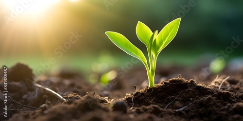 Corn field on Earth Day with young plants germinating in fresh soil. Concept Earth Day, Corn field, Young plants, Fresh soil, Germination photo