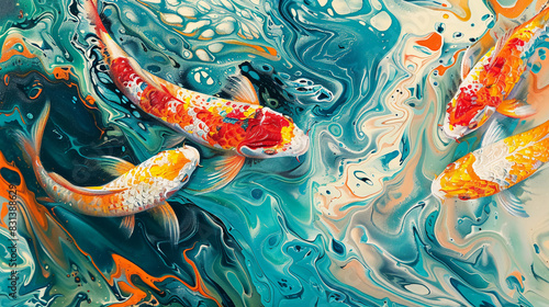 Abstract fluid expression koi fish swimming in water, Asian feng shui illustration, Aesthetics colorful nature inspirational tenderness illustration, oil paint, Wall decoration photo, Generated AI.