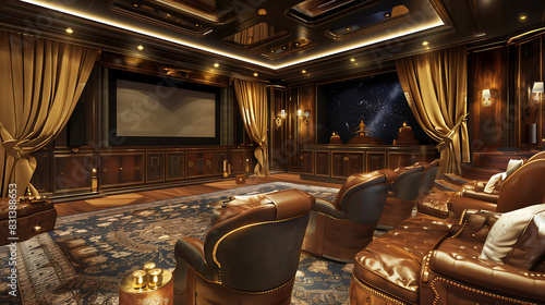 Exquisite home theater with upholstered chairs, large projection screen and surround sound speakers .Entertainment in a conveniently equipped home theater. generative ai photo