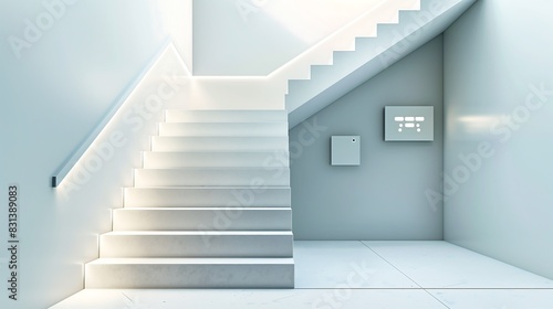 A modern staircase with a minimalist design and a hidden smart home control panel