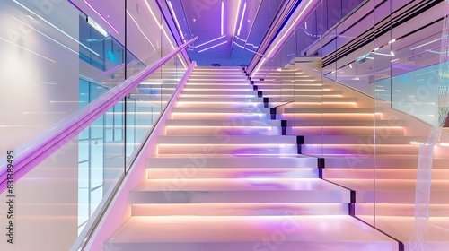 A contemporary staircase with a color-changing LED thread and a mirrored ceiling