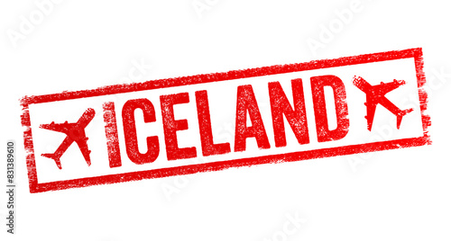 Iceland is a Nordic island country between the North Atlantic and Arctic Oceans, on the Mid-Atlantic Ridge between North America and Europe, text emblem stamp with airplane