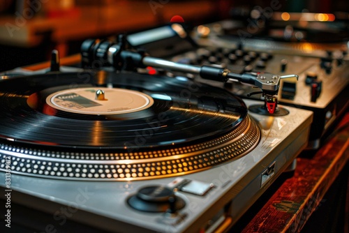 Closeup of a spinning vinyl record on a classic dj turntable with nightclub lighting
