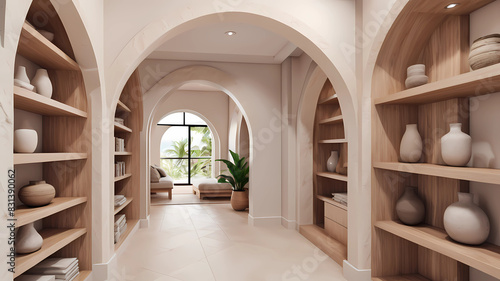 Ultra realistic  photo of Modern take on upscale bali inspired small condo white cream stone  light wood round arches interor view of hallway with shelving