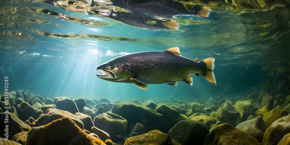 Fototapeta premium Salmon trout hunting underwater for prey in their natural habitat. Concept Underwater Fishing, Salmon Trout, Natural Habitat, Prey Hunting, Aquatic Life