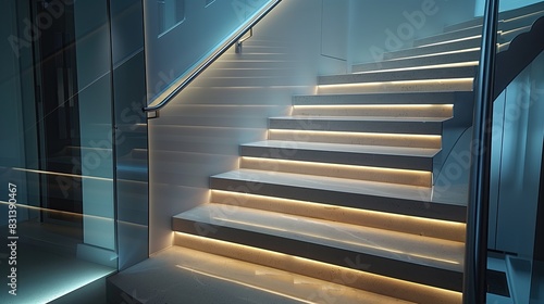 A contemporary staircase with a bold  angular railing and steps that have a built-in  ambient underglow