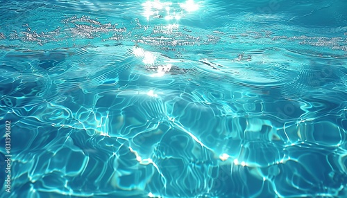 Close-up macro texture of beautiful turquoise blue ocean water surface with light reflections and highlights. serene oceanic waves, tranquil aquamarine seascape, coastal nature photography.