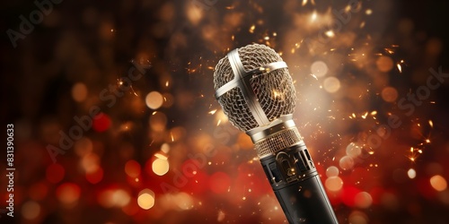 The Glittering Microphone: Embracing Its Inner Diva on Stage. Concept Music Performances, Sparkling Stage Props, Glamorous Singers, Show-Stopping Moments photo
