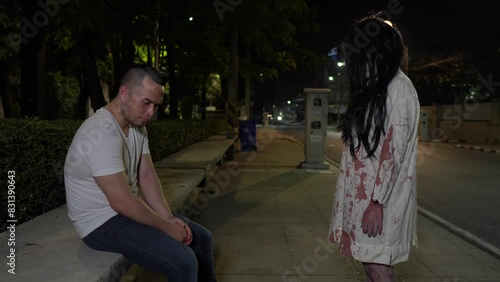 A man haunted by the vengeful spirit of his deceased lover, relentlessly following him through the night, consumed by anger and sorrow in a chilling supernatural encounter.