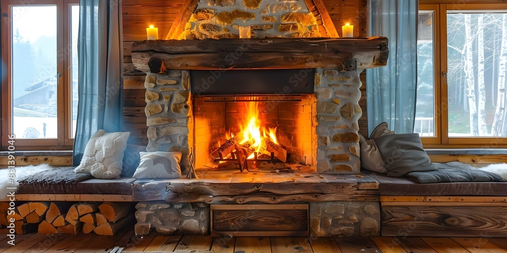Cozy fireplace in a rustic country house radiates warmth and comfort. Concept Rustic Country House, Cozy Fireplace, Warmth, Comfort, Interior Design Cozy fireplace in a rustic country house radiates warmth and comfort. Concept Rustic Country House, Cozy Fireplace, Warmth, Comfort, Interior Design