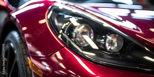 Closeup of red luxury sports car headlight after wash and wax. Concept Car Detailing, Luxury Vehicle, Headlight, Red Sports Car, Close-up Shot © Anastasiia