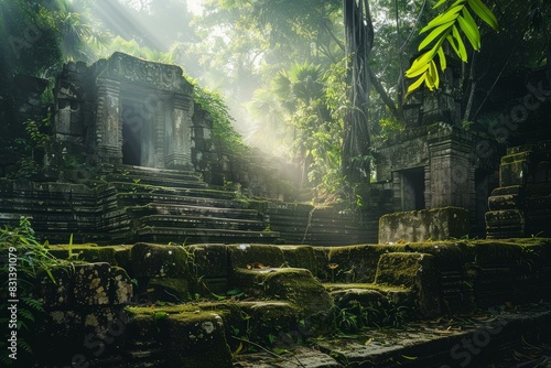 Sunbeams illuminate the mystical atmosphere of a forgotten temple engulfed by the dense tropical forest photo
