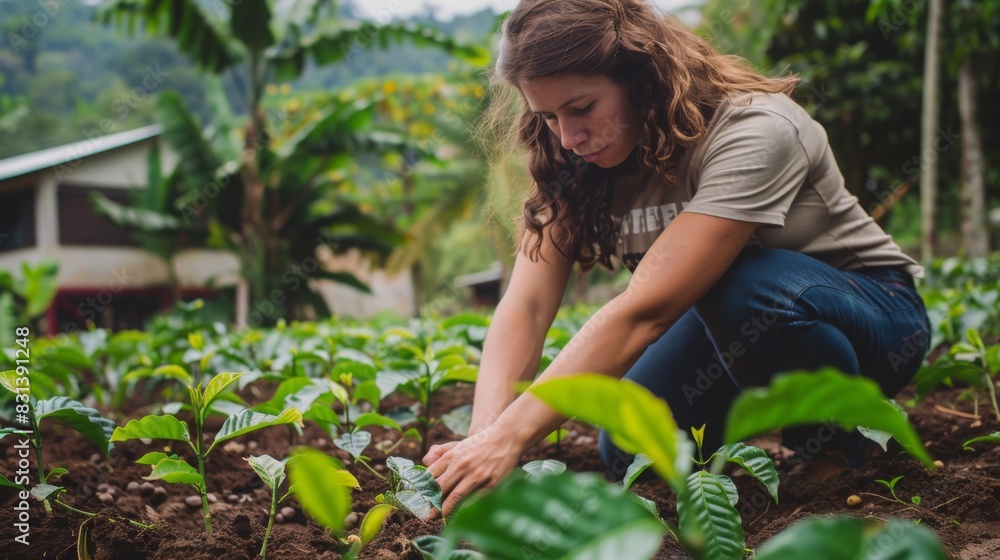 A woman tends to young seedlings in a lush, tropical environment. Surrounded by greenery, she works diligently to plant each seedling. A woman tends to young seedlings in a lush, tropical environment. Surrounded by greenery, she works diligently to plant each seedling.