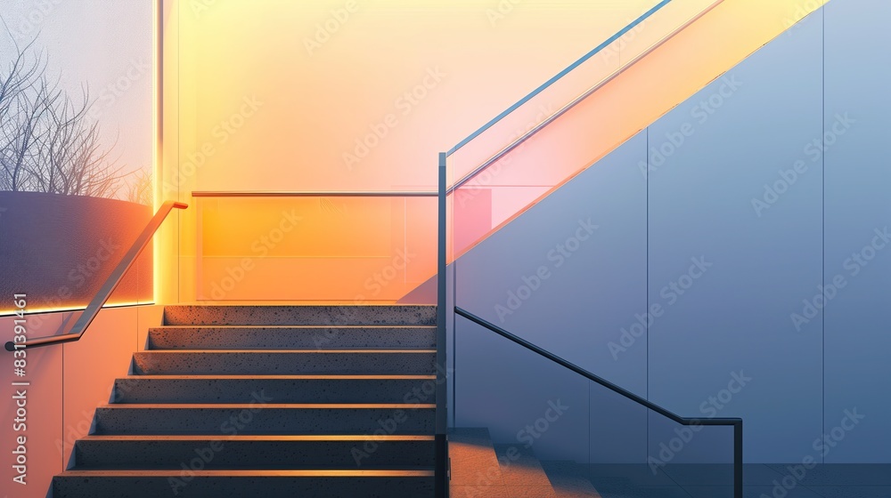 A contemporary staircase with a minimalist design, featuring a handrail that changes color with the temperature outside A contemporary staircase with a minimalist design, featuring a handrail that changes color with the temperature outside