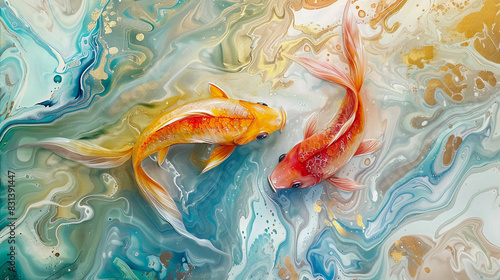 Abstract fluid expression koi fish swimming in water, Asian feng shui illustration, Aesthetics colorful nature inspirational tenderness illustration, oil paint, Wall decoration photo, Generated AI.