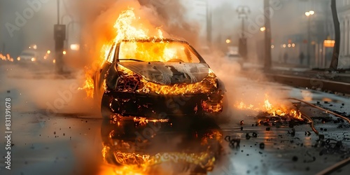 Electric Car Lithium Battery Fire Caused by Thermal Runaway due to Damage or Overcharging. Concept Lithium Battery, Electric Car Safety, Thermal Runaway, Damage, Overcharging photo