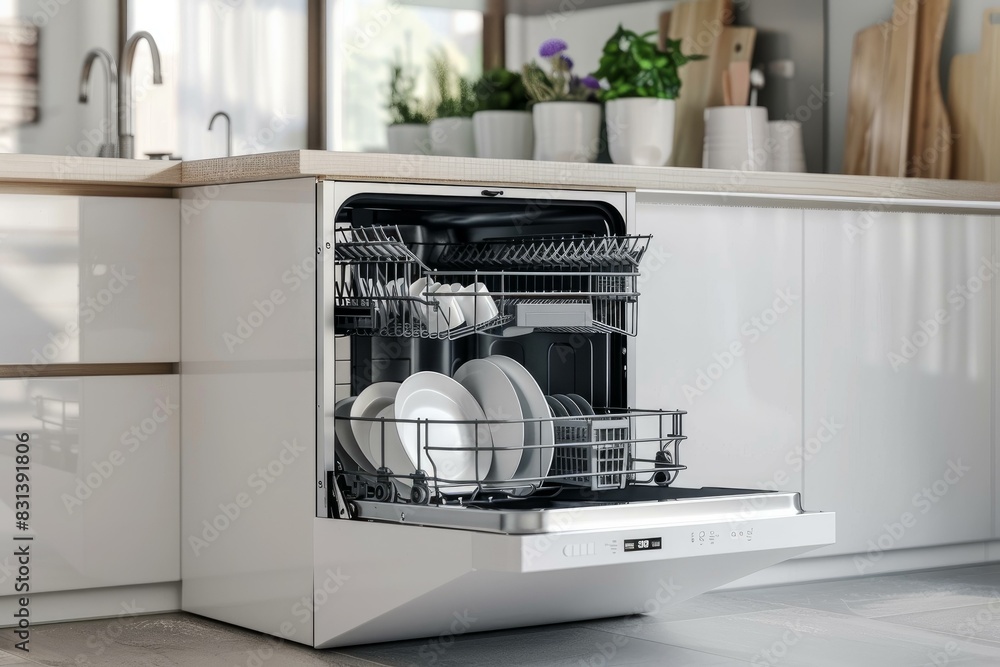 Open dishwasher filled with clean dishes in a contemporary kitchen with natural light Open dishwasher filled with clean dishes in a contemporary kitchen with natural light