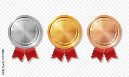 Vector Realistic Blank Golden, Silver, Bronze Award Medal Icon Set, Isolated. Design Template for Certificates, Awards. Front View