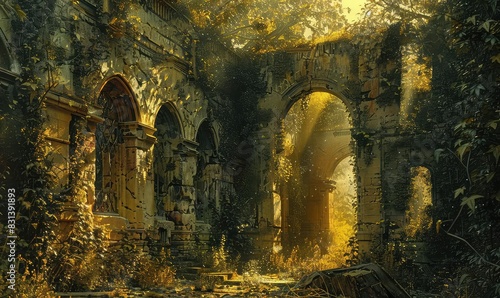 Ancient ruins overgrown with vines and vegetation, warm earthy tones, realistic, highdetail illustration, mysterious and historical,
