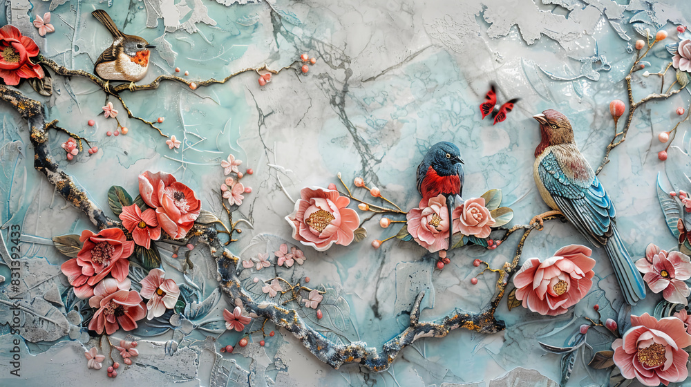3D blooming flowers and birds, Fluid abstract expressionism, Aesthetics colorful floral inspirational tenderness illustration, oil paint, 3D Wall decoration photo, Generated AI.
