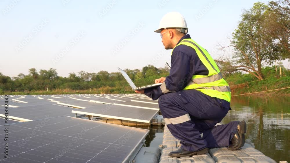 Engineer working at a floating solar farm,producing electricity for renewable energy,implementing sustainable power solutions,monitoring and maintaining solar panels to enhance clean energy generation Engineer working at a floating solar farm,producing electricity for renewable energy,implementing sustainable power solutions,monitoring and maintaining solar panels to enhance clean energy generation