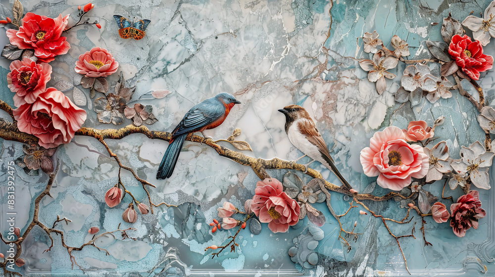 3D blooming flowers and birds, Fluid abstract expressionism, Aesthetics colorful floral inspirational tenderness illustration, oil paint, 3D Wall decoration photo, Generated AI.