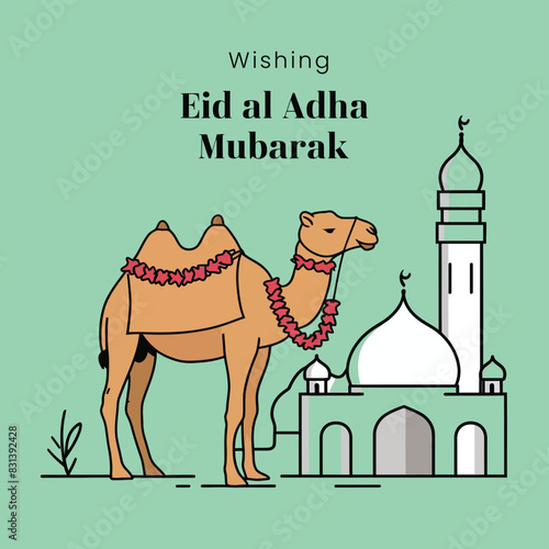 a drawing of a camel and a mosque with a green background.